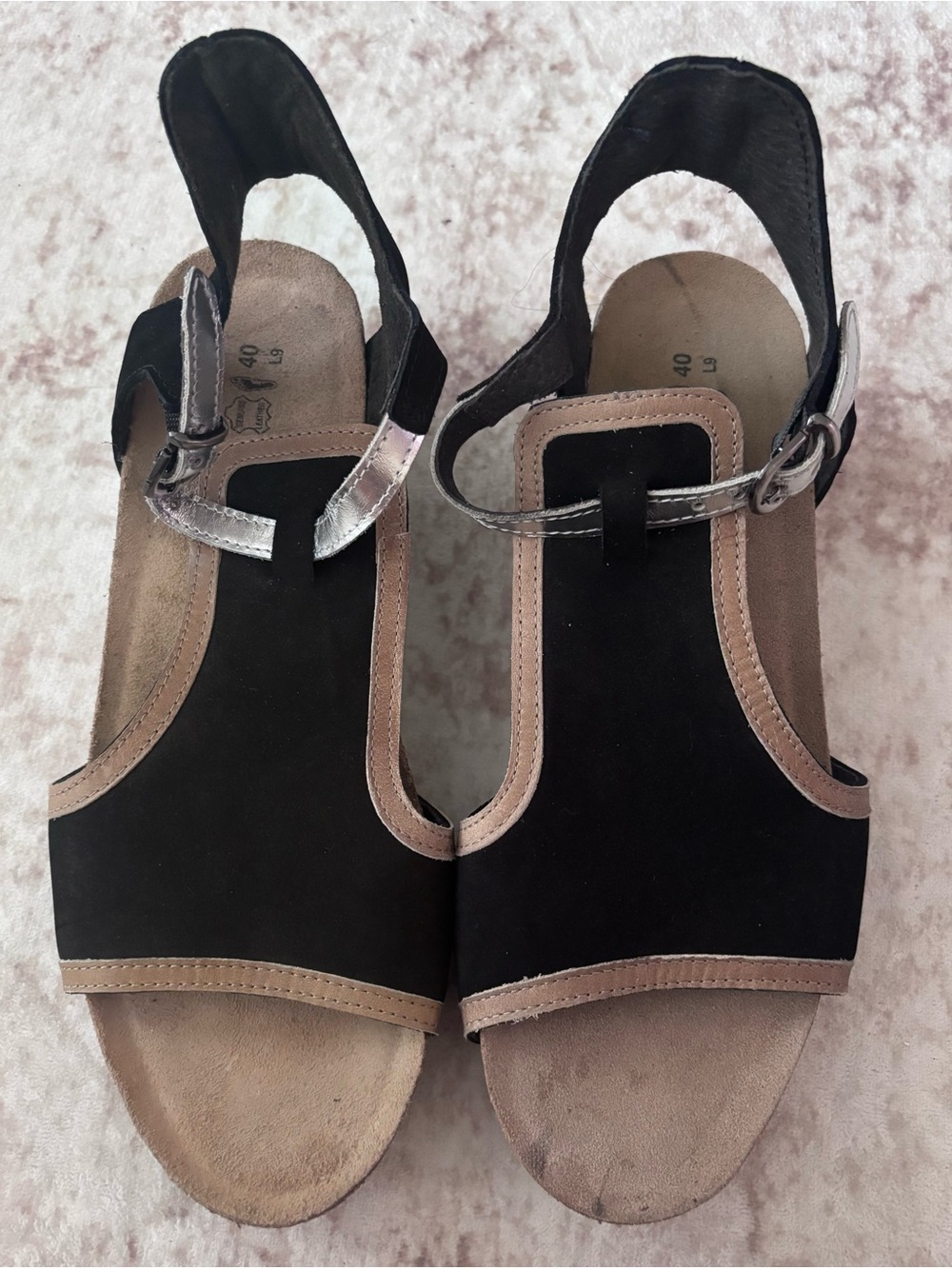 Naot Fiona Wedge Slingback Comfort Sandals EU 40 US 9-9.5 Black Silver Leather